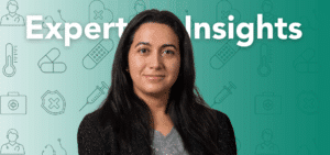 A woman with long dark hair smiling against a green background with medical icons, the text "Expert Insights" displayed prominently.